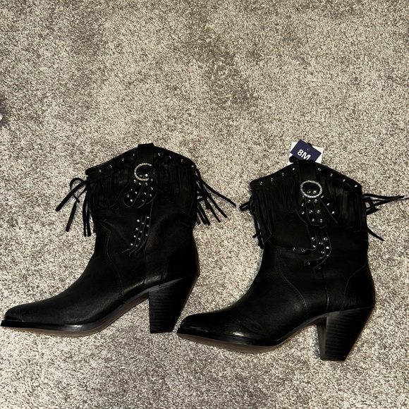 Santa Fe Boot Co Black Rhinestones Fringe Heeled Boots Size 8M - Picture 2 of 10
